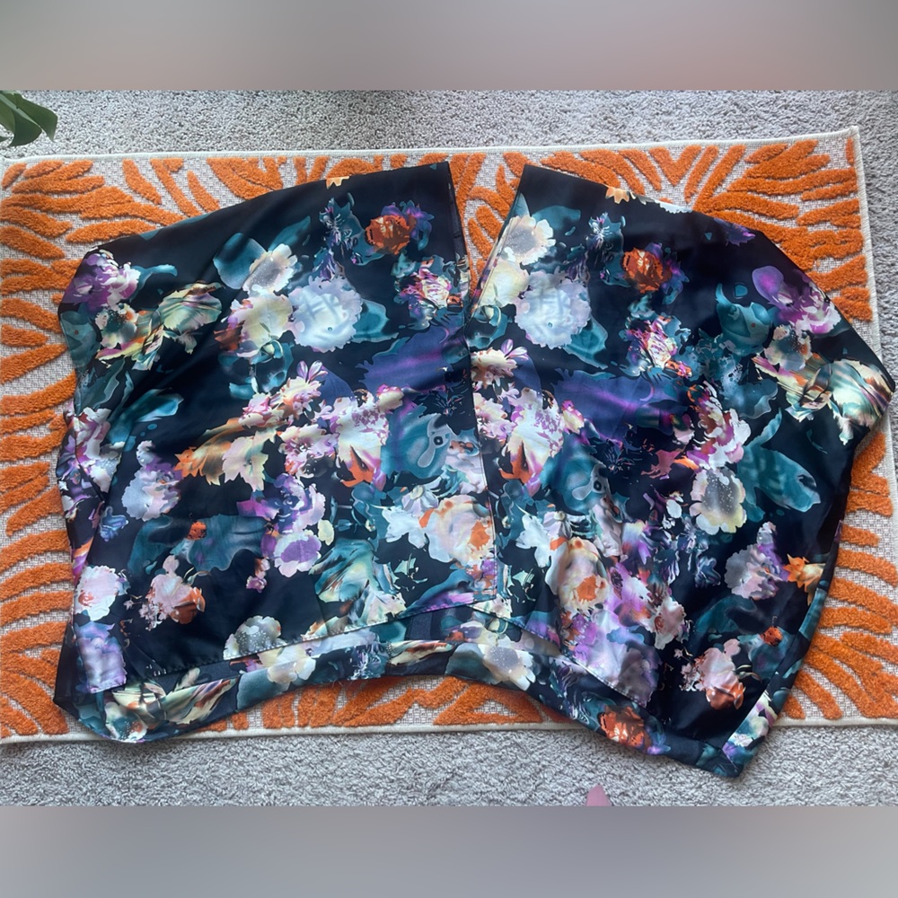 Dark Floral Silk Shawl w/ Sleeve Holes